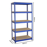 Blaue Metallregaleinheit mit fünf stabilen Regalböden, ideal für Lagerung, Maße: 90 cm Breite, 182,5 cm Höhe, robust und langlebig