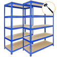 Drei blaue Metallregale mit einer Größe von 120 x 50 x 180 cm, stabil und robust, mit fünf Holzregalböden für vielseitige Nutzung