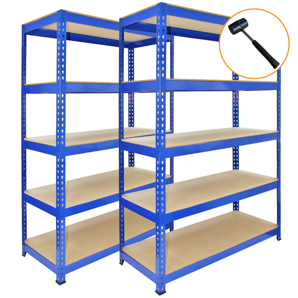 Drei blaue Metallregale mit einer Größe von 120 x 50 x 180 cm, stabil und robust, mit fünf Holzregalböden für vielseitige Nutzung