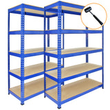 Drei blaue Metallregale mit einer Größe von 120 x 50 x 180 cm, stabil und robust, mit fünf Holzregalböden für vielseitige Nutzung