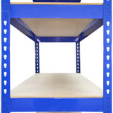 Blaue Metallregale mit drei Ebenen, 120 x 50 x 180 cm, robuste Konstruktion, glatte Oberflächen und stabile Regalböden aus Holzwerkstoff