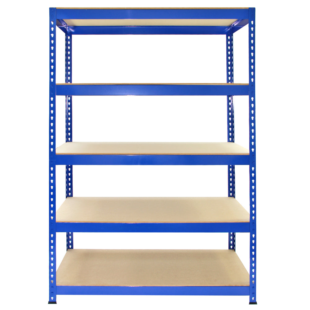 Blaue Metallregale mit fünf stabilen Regalböden aus Holz, ideal für Lagerung und Organisation, Maße 120 x 50 x 180 cm, robust und langlebig