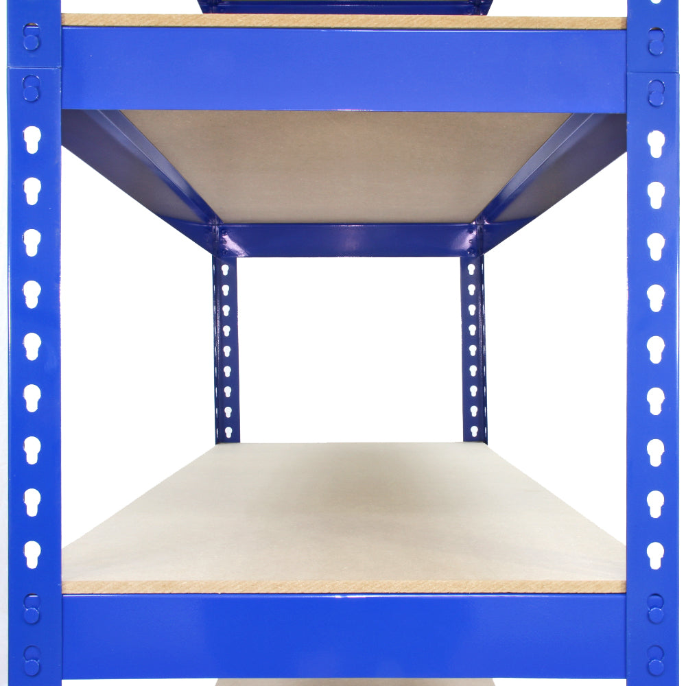 Blaue Metallregale mit drei stabilen Regalböden aus Holzwerkstoff, ideal für Lagerung und Organisation, robust und langlebig
