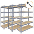 Drei graue Metallregale mit einer Größe von 120 x 50 x 180 cm, stabil und vielseitig, ideal für Lagerung und Organisation, mit robusten Holzregalen