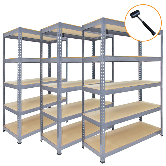 Drei graue Metallregale mit einer Größe von 120 x 50 x 180 cm, stabil und vielseitig, ideal für Lagerung und Organisation, mit robusten Holzregalen