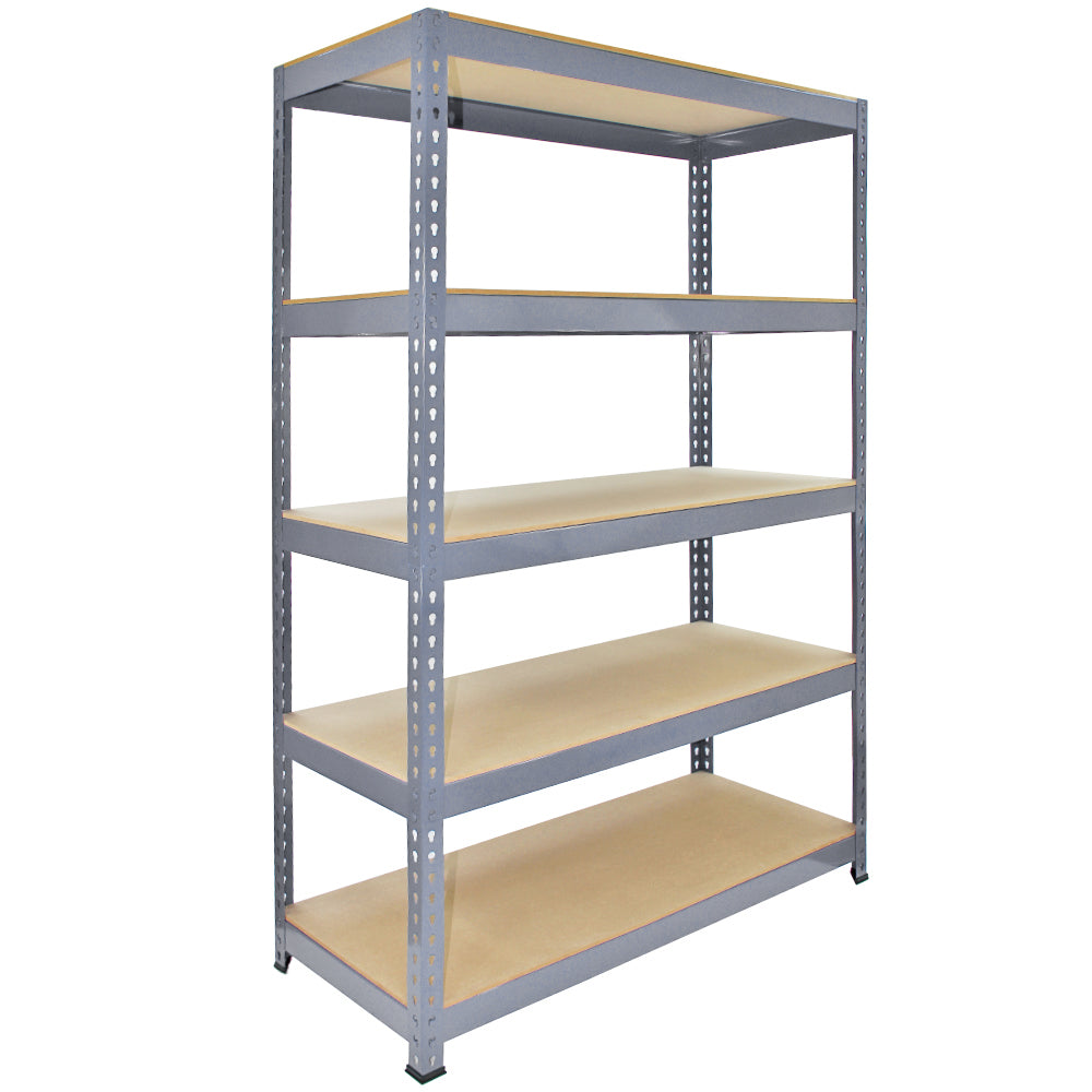 Graues Metallregal mit fünf stabilen Regalböden, 120 x 50 x 180 cm, ideal für die Lagerung und Organisation von Gegenständen in Werkstätten oder Garagen