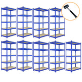 Neun blaue Metallregale mit Holzregalen, jedes 90 cm breit, 45 cm tief und 180 cm hoch, ideal für Lagerung und Organisation