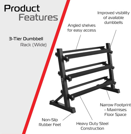 Schwarzer, dreistufiger Hantelständer aus robustem Stahl mit rutschfesten Gummifüßen, ideal für Heim- und Studiogym, platzsparend und stabil