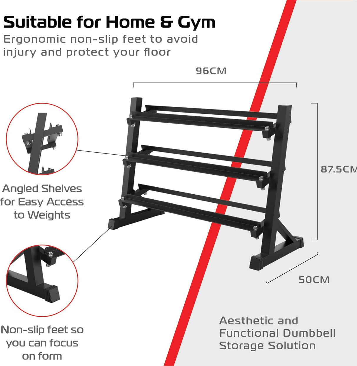 Schwarzer, stabiler Hantelständer mit drei stufigen Ablagen, rutschfesten Füßen und ergonomischem Design, ideal für Heim- und Studiogym