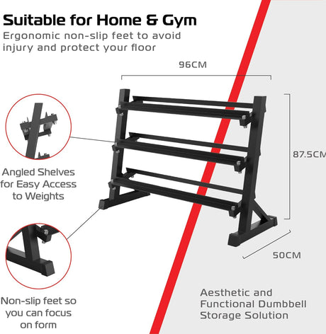 Schwarzer, stabiler Hantelständer mit drei stufigen Ablagen, rutschfesten Füßen und ergonomischem Design, ideal für Heim- und Studiogym