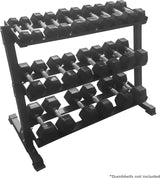 Schwerlast Hantelständer in mattem Schwarz, dreistufiges Design mit robusten, stabilen Ablagen für Hanteln, ideal für Heim- und Studiogym