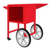 Roter Popcornmaschinenwagen mit zwei weißen Rädern, offener Ablagefläche und robustem Metallrahmen, ideal für Veranstaltungen und Partys