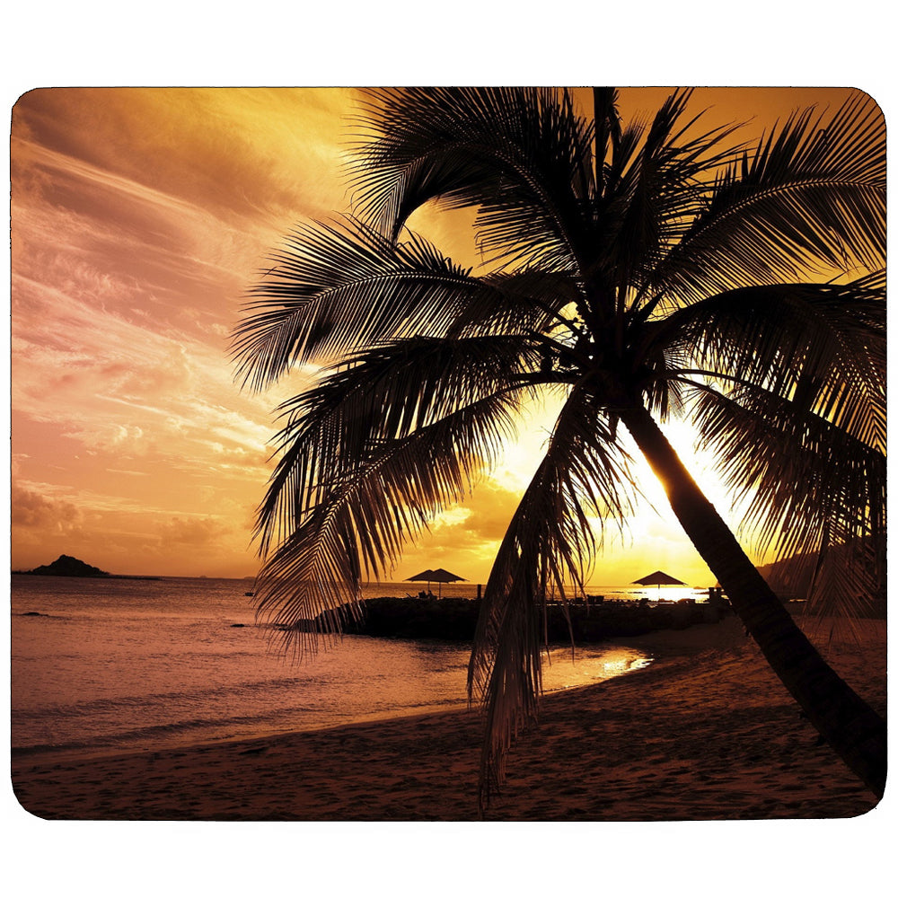 Sublimations-Mauspad mit einem tropischen Sonnenuntergang, Palmen und einem Strand, warmen Farbtönen von Orange und Gelb, glatte Oberfläche
