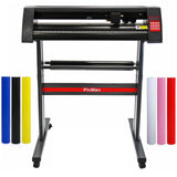 720 mm Vinylschneider mit Ständer in Schwarz, umgeben von bunten Vinylrollen in Blau, Gelb, Schwarz, Weiß und Rot, ideal für präzise Schneidarbeiten