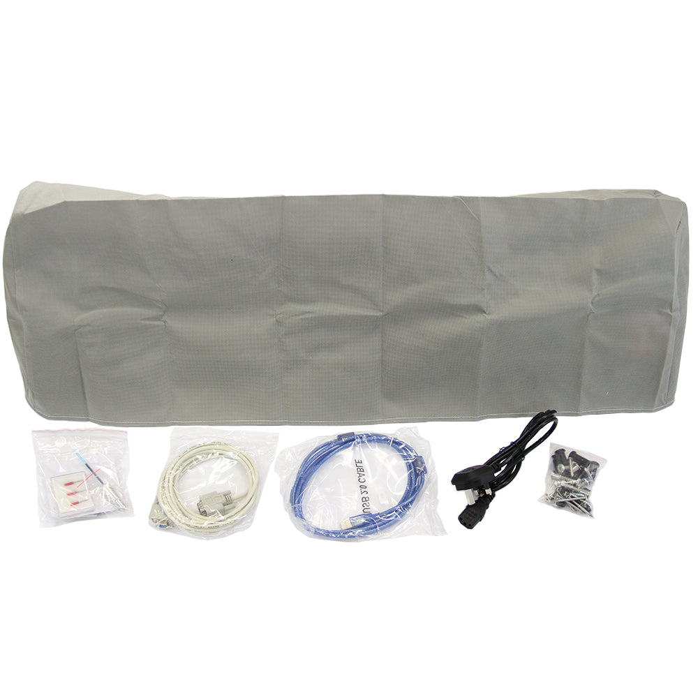 Blaues Q-rax-Werkbank-Bundle mit 720-mm-Vinylschneider, Entgitterungsset, Kabeln und Zubehör, alles in durchsichtigen Verpackungen angeordnet