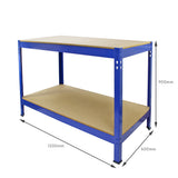 Blaues Q-rax-Werkbank-Bundle mit zwei stabilen Regalen, aus robustem Metall und MDF, ideal für Werkstätten und Bastelprojekte, Maße 1200mm x 600mm x 900mm