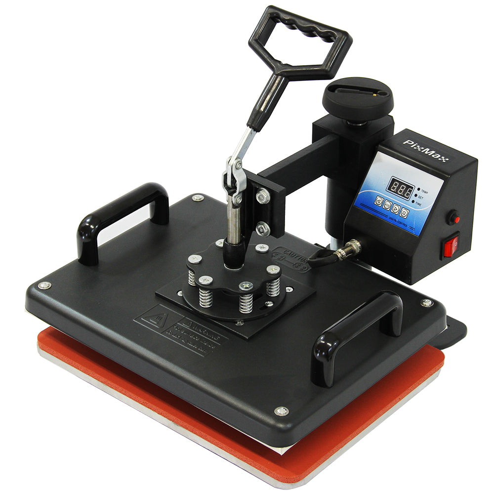 Schwarze 5-in-1-Heißpresse mit digitalem Display, robusten Griffen und einer großen, roten Heizplatte für vielseitige Anwendungen in der Textilgestaltung