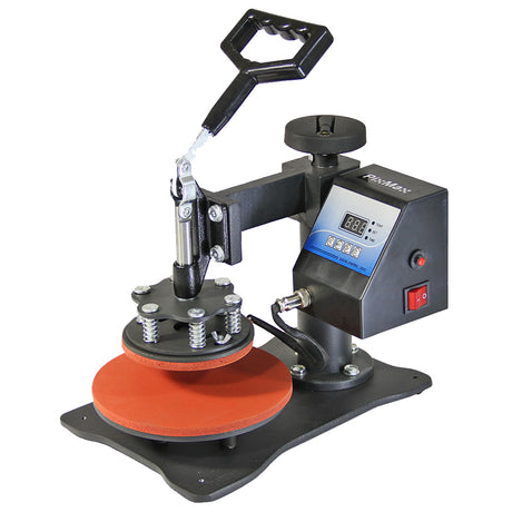 Die PixMax Sublimationsplatten-Heißpresse hat eine robuste schwarze Basis, eine runde orange Heizplatte und einen ergonomischen Griff für einfachen Gebrauch