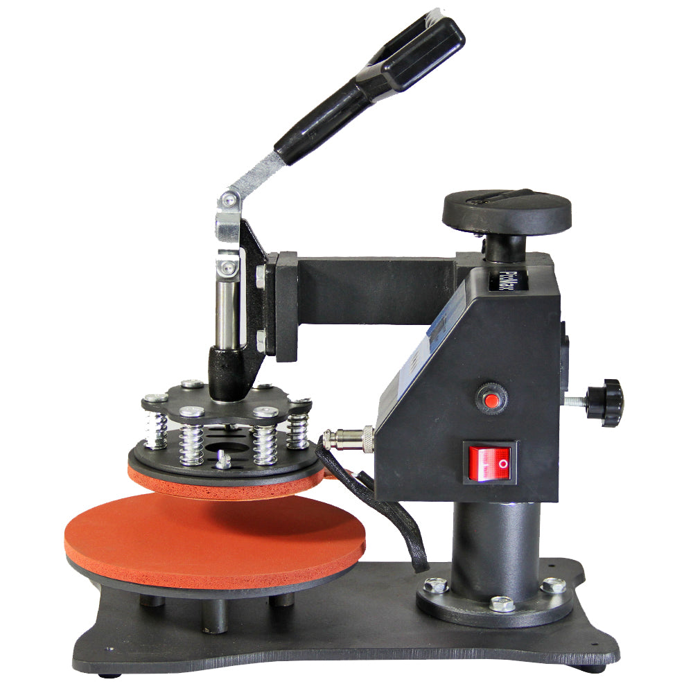 Sublimationsplatten-Heißpresse in Schwarz mit rotem Heizpad, verstellbarem Druckhebel und präziser Temperaturregelung für hochwertige Druckergebnisse
