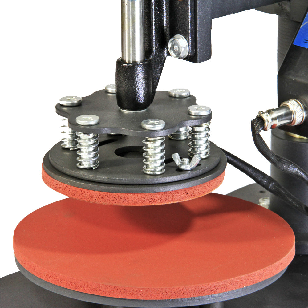 Die PixMax Sublimationsplatten-Heißpresse zeigt eine schwarze, robuste Presse mit roten, rutschfesten Platten und verstellbaren Federn für gleichmäßigen Druck