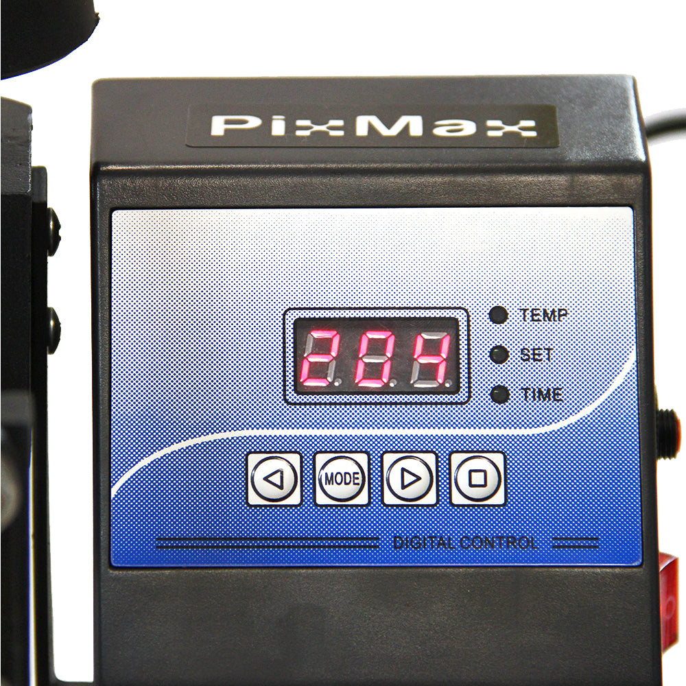 Digitale Steuerungseinheit einer Plattenpresse mit rot leuchtendem Display, Tasten für Temperatur und Zeit, in schwarzem und blauem Gehäuse