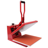 Rote 38-cm-Klapppresse mit einem großen, glatten orangefarbenen Plattenteller, ideal für den Einsatz mit Vinylschneidern und Druckern