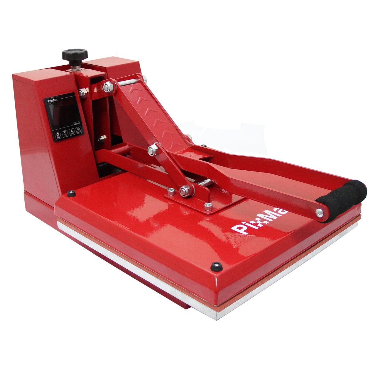 Rote 38-cm-Klapppresse mit schwarzem Griff, digitalem Bedienfeld und stabiler Basis, ideal für Vinylschneider und Druckanwendungen