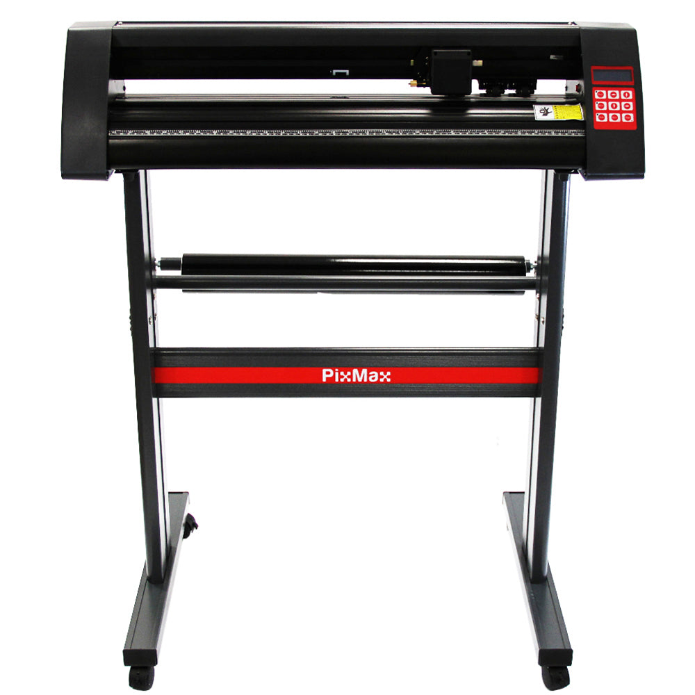 Schwarzer 5-in-1-Heißpresse mit rotem PixMax-Logo, stabiler Metallrahmen, präziser Vinylschneider und benutzerfreundlichem Bedienfeld