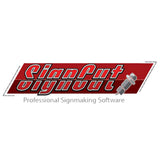 Das SignCut-Logo zeigt eine stilisierte Schrift in Rot und Weiß mit einem grafischen Element, das eine Klinge darstellt, ideal für Beschilderungssoftware