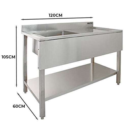 Edelstahl-Spülbecken für Labore mit Einzelbecken, rechte Abtropffläche, 120 cm lang, 60 cm tief, 105 cm hoch, glänzende Oberfläche und robuste Konstruktion