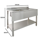 Edelstahl-Spülbecken für Labore mit Einzelbecken, rechte Abtropffläche, 120 cm lang, 60 cm tief, 105 cm hoch, glänzende Oberfläche und robuste Konstruktion
