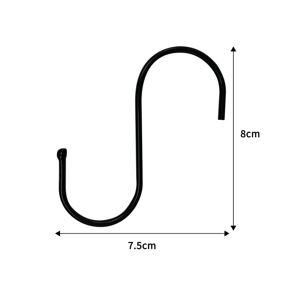 Schwarze S-förmige Stahl-Hängehaken mit einer Länge von 8 cm und einer Breite von 7,5 cm, ideal zum Aufhängen von Gegenständen in verschiedenen Räumen