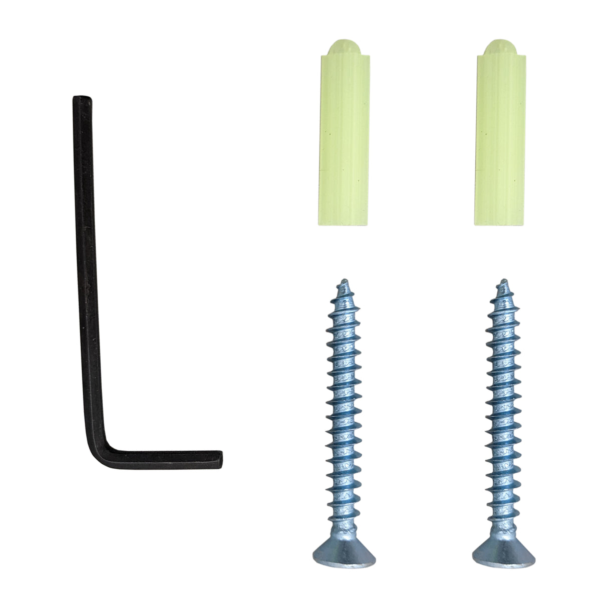 Schrauben, Dübel und ein Inbusschlüssel in Schwarz, auf weißem Hintergrund, ideal für die Installation des T-Mech Schwingtoröffners