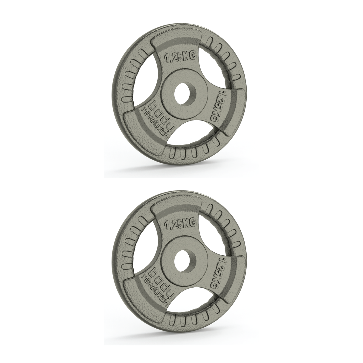 Zwei Gusseisen-Gewichtsscheiben à 1,25 kg in grauer Farbe mit Tri-Griff, ideal für Standard-Hantelstangen mit 1-Zoll-Durchmesser