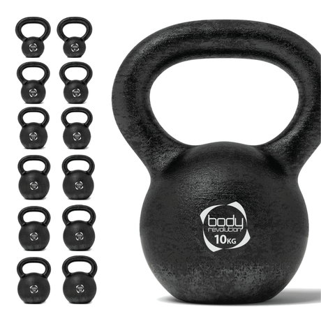 Gusseisen Kettlebell mit 10 kg, matt schwarze Oberfläche, runde Form, stabiler Griff, ideal für Krafttraining und Fitnessübungen