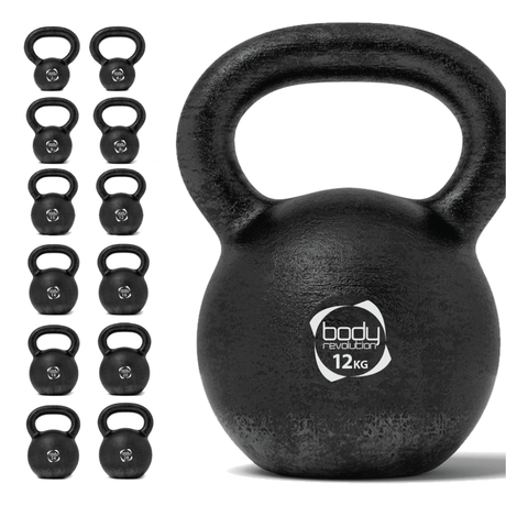 Schwarze Kettlebell aus Gusseisen mit 12 kg, runde Form, strukturierte Oberfläche und breiter Griff für sicheren Halt während des Trainings