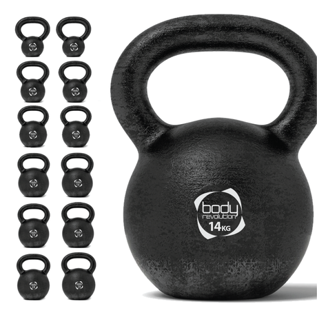 Schwarze Gusseisen-Kettlebell mit 14 kg, runder Form, strukturiertem Griff und einem Aufkleber, der das Gewicht anzeigt, ideal für Krafttraining