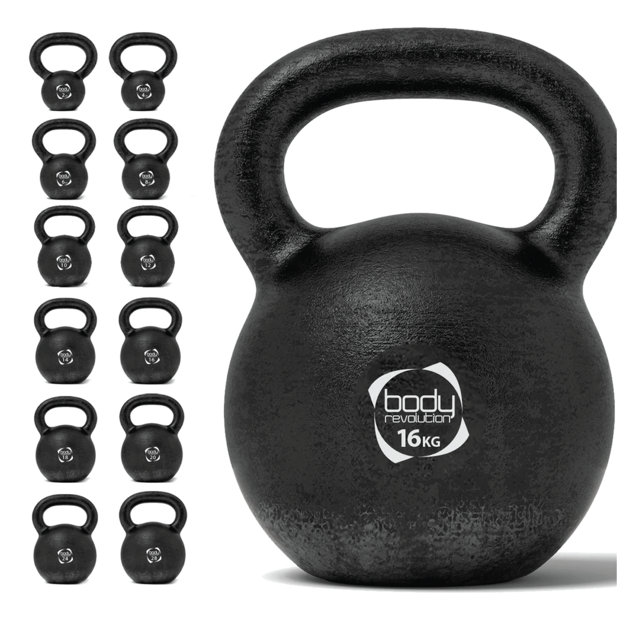 Schwarze Kettlebell aus Gusseisen mit 16 kg, runde Form, strukturierte Oberfläche für besseren Grip, ideal für Krafttraining und Fitnessübungen