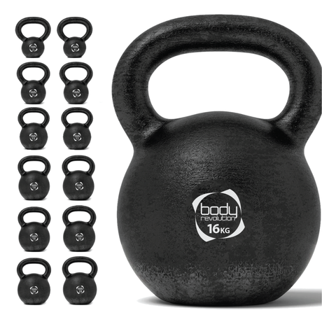 Schwarze Kettlebell aus Gusseisen mit 16 kg, runde Form, strukturierte Oberfläche für besseren Grip, ideal für Krafttraining und Fitnessübungen