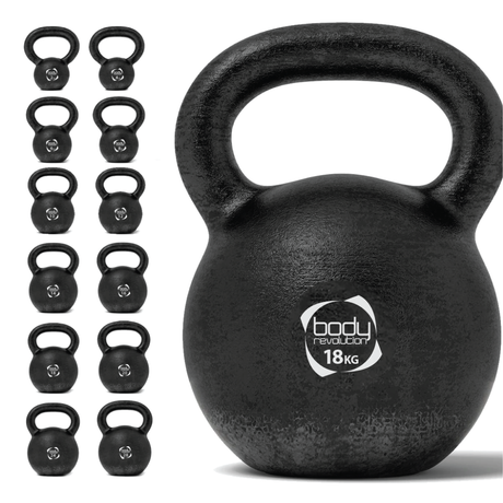 Schwarze Gusseisen-Kettlebell mit 18 kg, runde Form, strukturierte Oberfläche und stabiler Griff, ideal für Krafttraining und Fitnessübungen