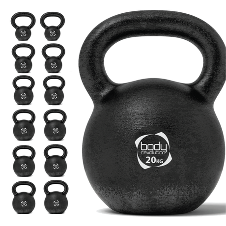Schwarze Gusseisen-Kettlebell mit 20 kg, runde Form, strukturierte Oberfläche und stabiler Griff für effektives Krafttraining