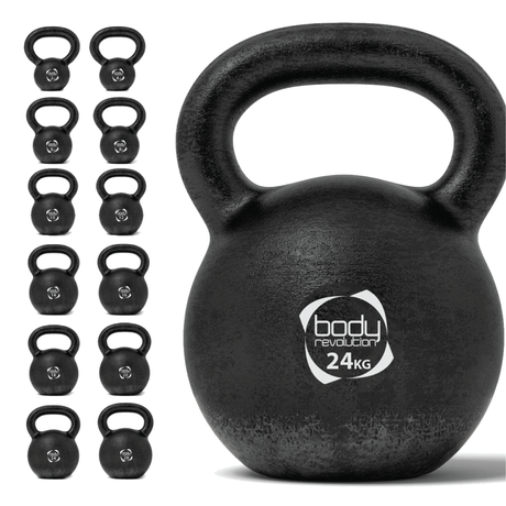 Schwarze Kettlebell aus Gusseisen mit 24 kg, runde Form, strukturierte Oberfläche für besseren Griff, ideal für Krafttraining und Fitnessübungen