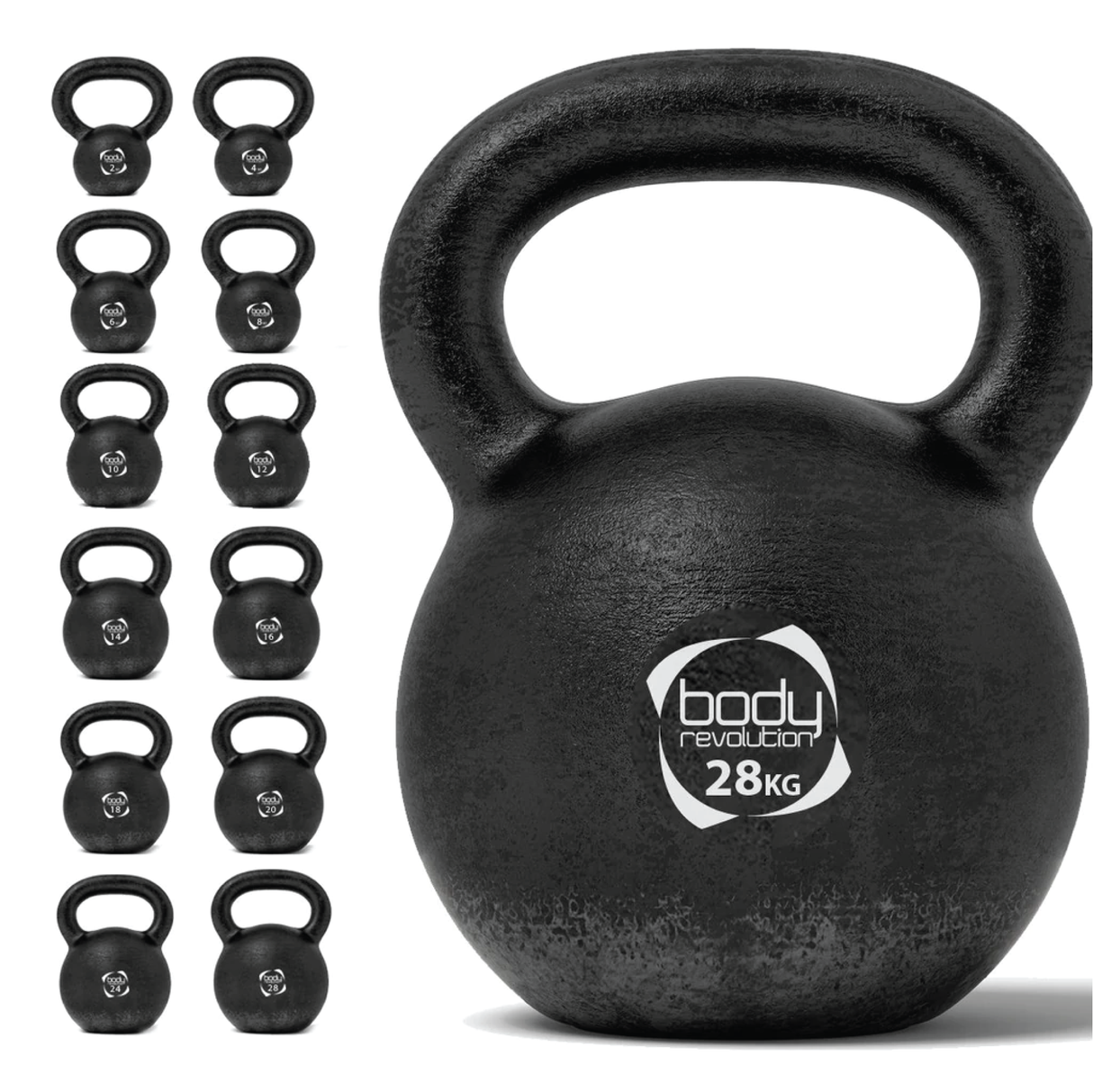 Gusseisen-Kettlebell mit 28 kg, schwarz, runde Form, robuste Oberfläche, ideal für Krafttraining und Fitnessübungen, mit markantem Logo