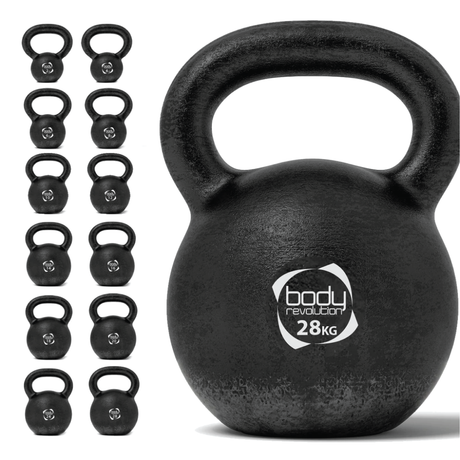 Gusseisen-Kettlebell mit 28 kg, schwarz, runde Form, robuste Oberfläche, ideal für Krafttraining und Fitnessübungen, mit markantem Logo