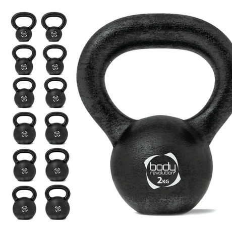 Gusseiserne Kettlebell mit einem Gewicht von 2 kg, schwarz, runde Form, griffiger, ergonomischer Griff für effektives Training