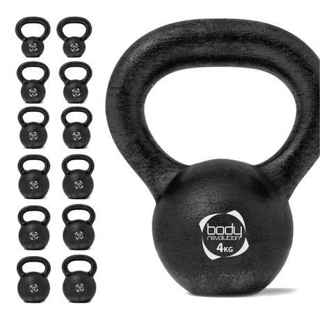 Gusseisen-Kettlebell mit 4 kg Gewicht, schwarz, runde Form, griffiger Handgriff, ideal für Krafttraining und Fitnessübungen