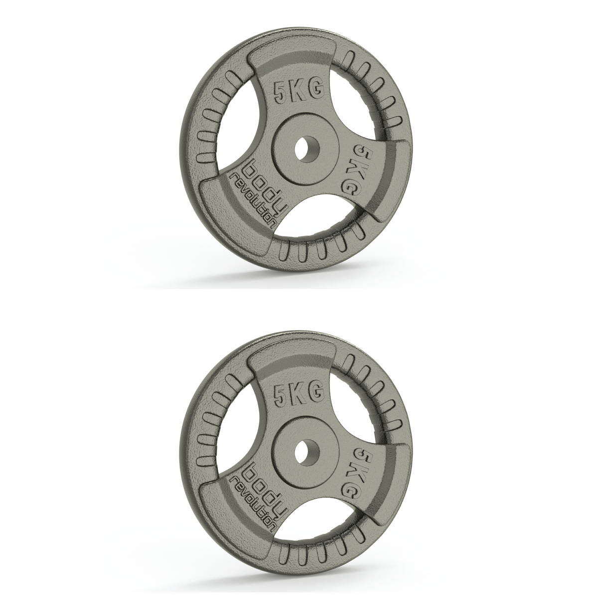 Zwei 5 kg Gusseisen-Gewichtsscheiben mit 1-Zoll-Standard und Dreifach-Griff, robust, graue Farbe, runde Form, ideal für Krafttraining
