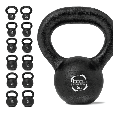 Gusseisen Kettlebell mit einem Gewicht von 6 kg, schwarz, runde Form, griffiger, breiter Griff für sicheres Training und vielseitige Übungen