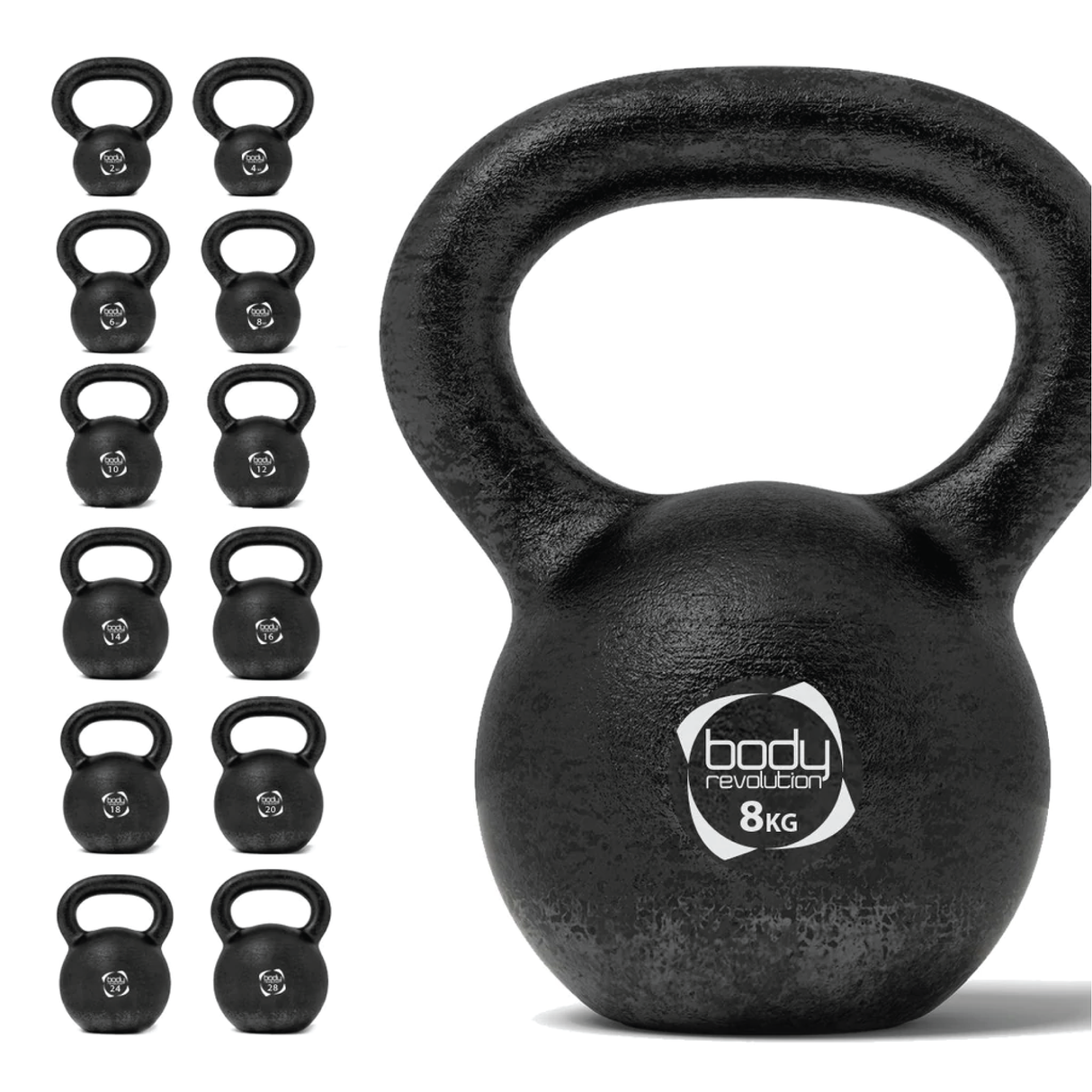 Schwarze Kettlebell aus Gusseisen mit 8 kg, runde Form, strukturierte Oberfläche und ergonomischer Griff für effektives Training