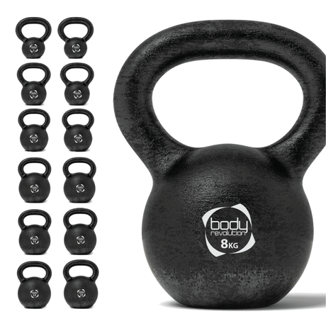 Schwarze Kettlebell aus Gusseisen mit 8 kg, runde Form, strukturierte Oberfläche und ergonomischer Griff für effektives Training